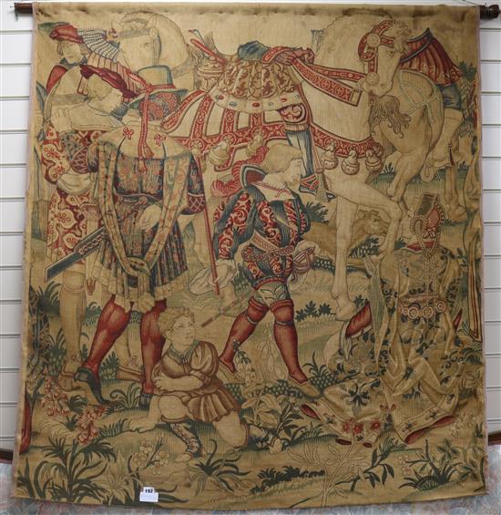 A machined hanging tapestry panel, depicting cavaliers